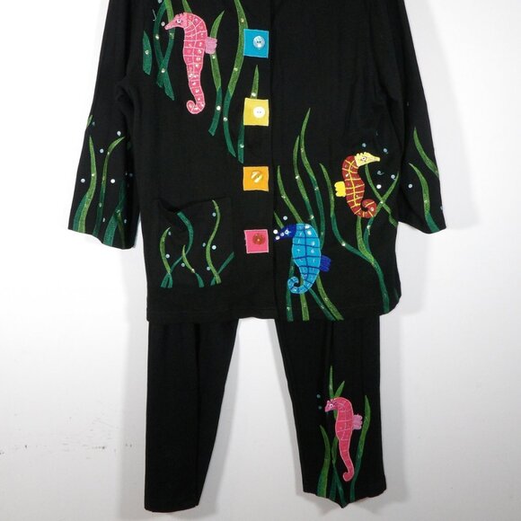 Women's 3 Piece Suit Top Jacket Capris Sz Large Black Colorful Seahorses Vintage - Picture 2 of 9